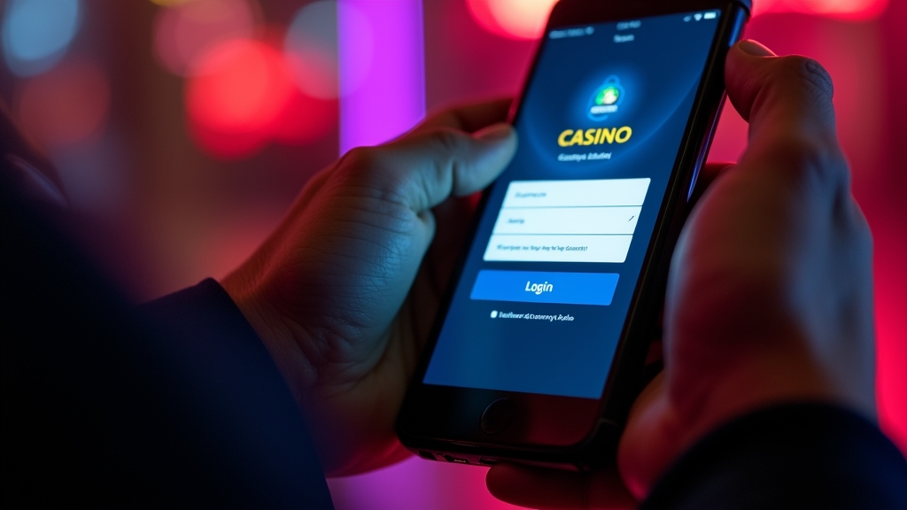 Teléfono móvil con pantalla de inicio de sesión de casino en ambiente oscuro