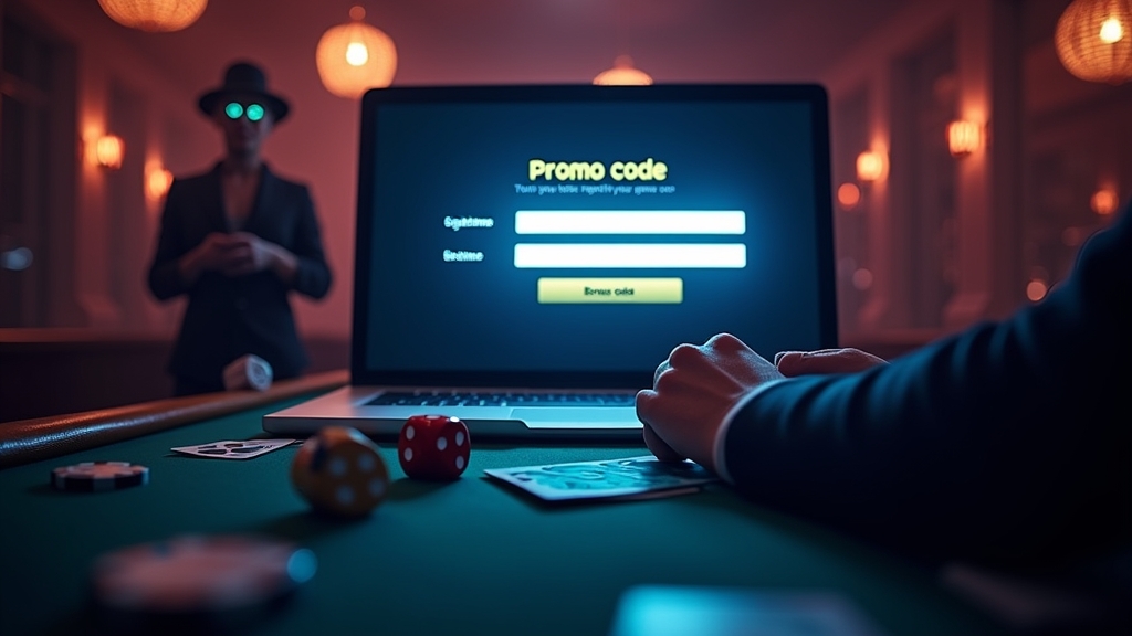 Pantalla de registro con un código promocional destacado en un casino oscuro