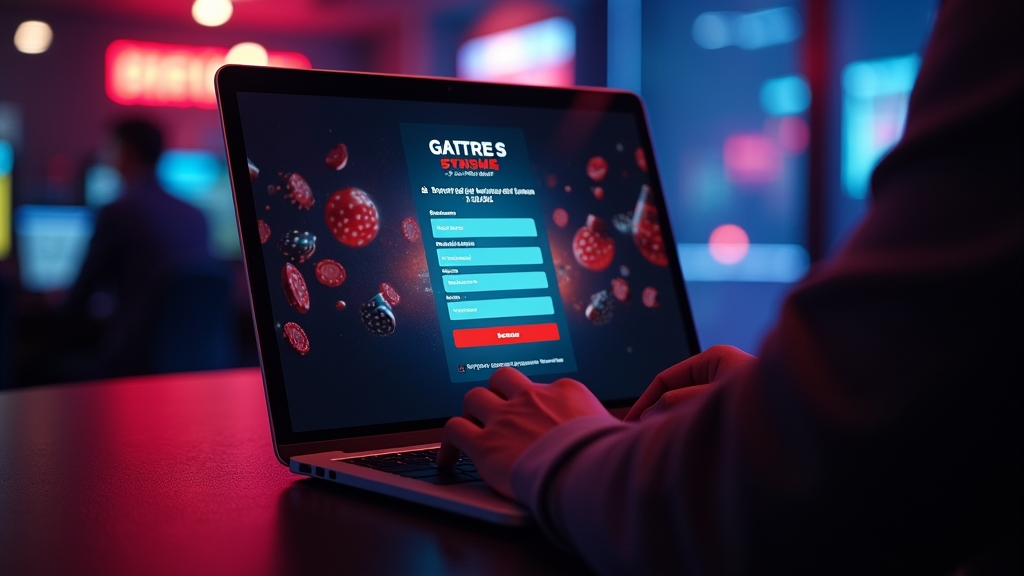 Formulario de registro de casino en un portátil con ambiente oscuro y luces de neón